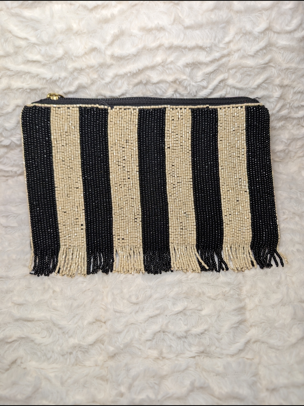 Beaded Fringe Stripe Wristlet Clutch in Black and Cream